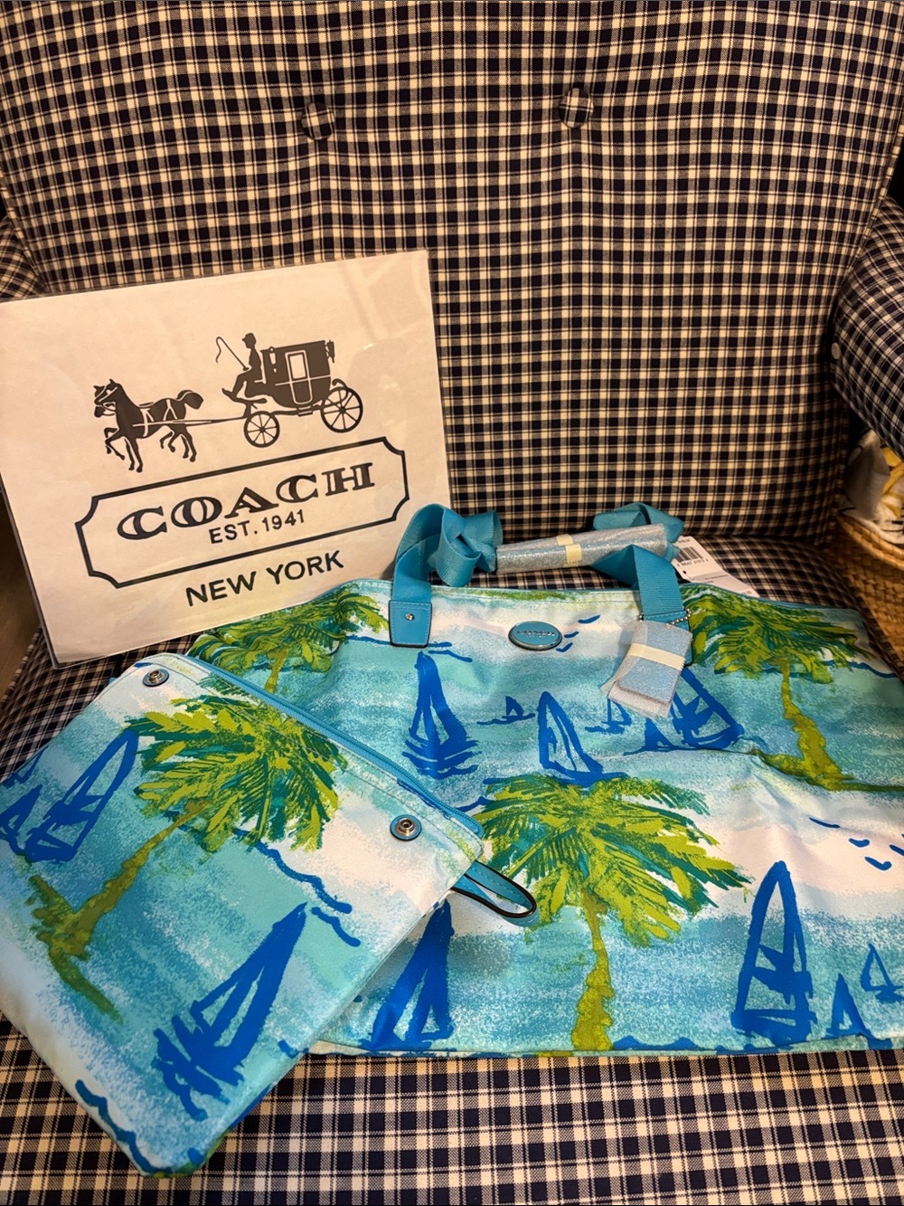 Coach Tropical Sailboat Tote in Aqua and Blue